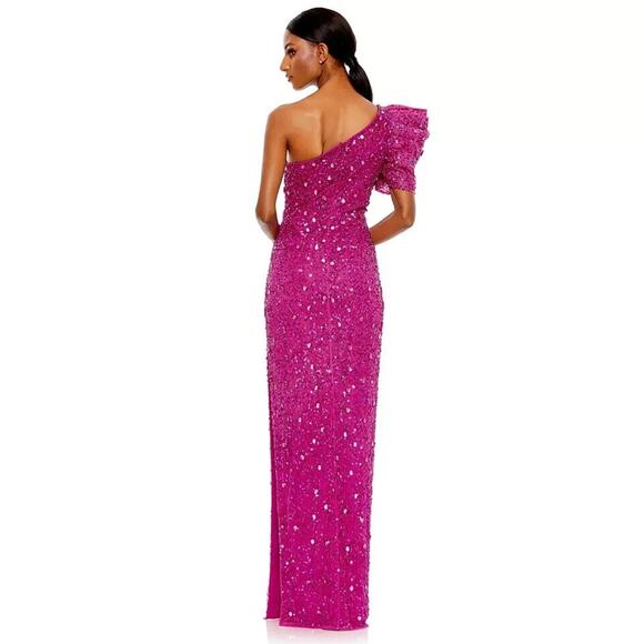 Mac Duggal Hot Pink Beaded Sequined Puff Sleeve One Shoulder Gown Dress Size 10 - Picture 2 of 16